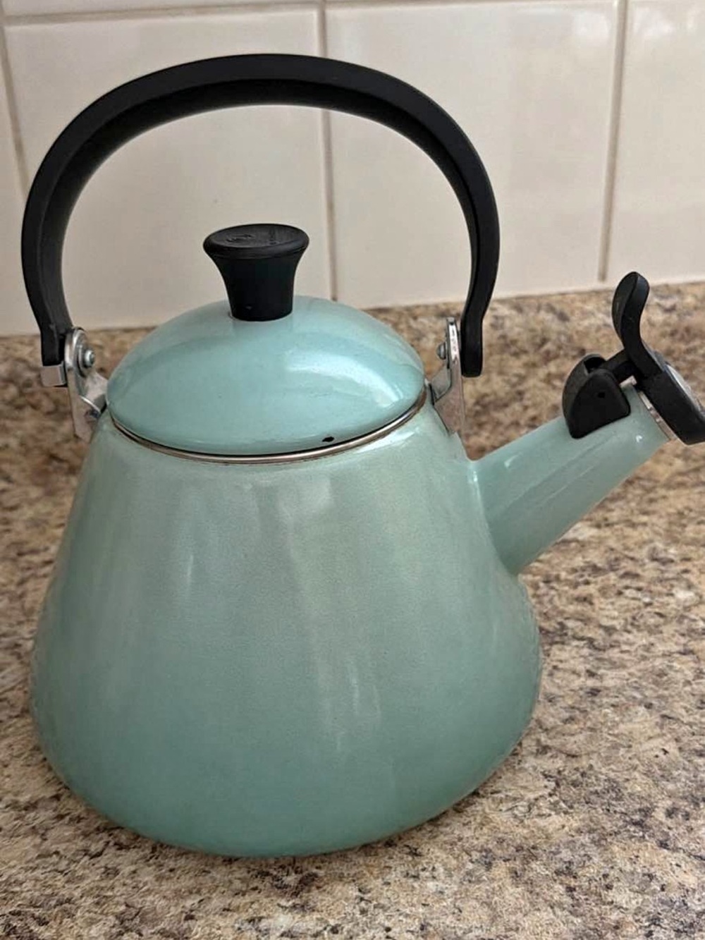 Le Creuset Light Aqua Enamel Whistling Stovetop Kettle with Black Handle
